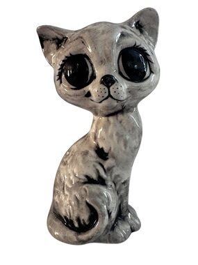 Big Eye Ceramic Cat Figurine Gray Black Kitten Statue Decor